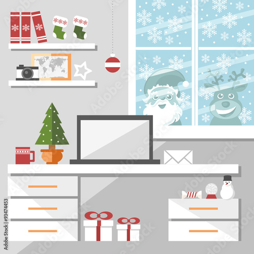 christmas office interior with santa claus and reindeer peeking through the window glass