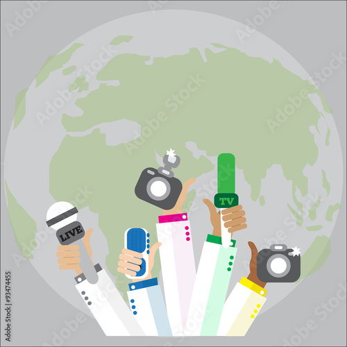 Live report concept, live news - set of hands holding microphones and voice recorders..Breaking news flat style vector illustration. Mass media signs, symbols, objects, icons, abstract elements. .