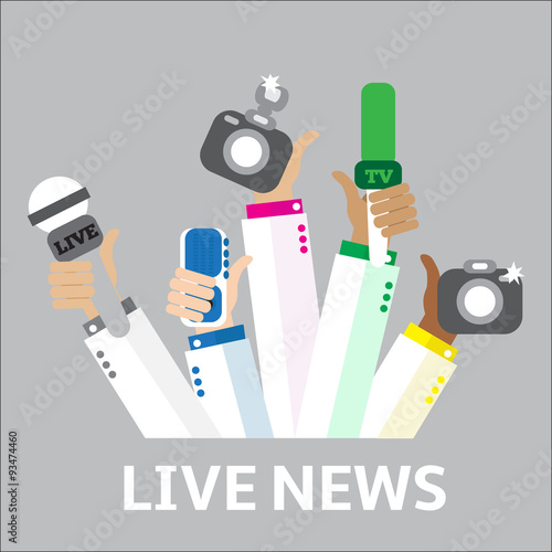 Live report concept, live news - set of hands holding microphones and voice recorders..Breaking news flat style vector illustration. Mass media signs, symbols, objects, icons, abstract elements. .