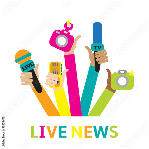Live report concept, live news - set of hands holding microphones and voice recorders..Breaking news flat style vector illustration. Mass media signs, symbols, objects, icons, abstract elements. .