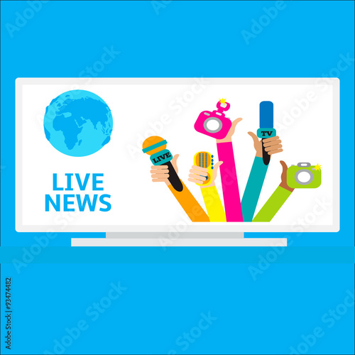 Live report concept, live news - set of hands holding microphones and voice recorders..Breaking news flat style vector illustration. Mass media signs, symbols, objects, icons, abstract elements. .