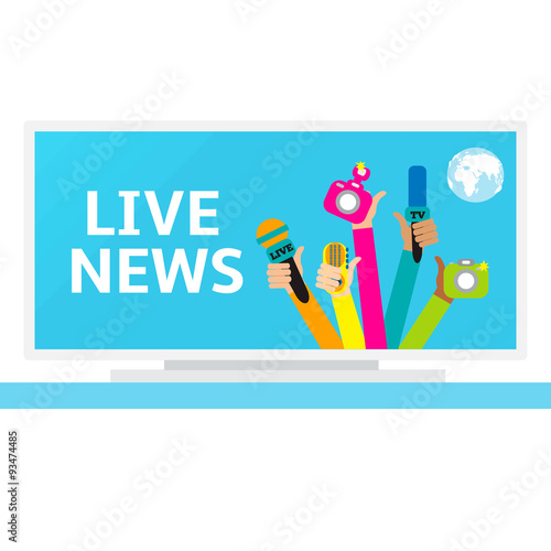 Live report concept, live news - set of hands holding microphones and voice recorders..Breaking news flat style vector illustration. Mass media signs, symbols, objects, icons, abstract elements. .