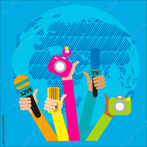 Live report concept, live news - set of hands holding microphones and voice recorders..Breaking news flat style vector illustration. Mass media signs, symbols, objects, icons, abstract elements. .