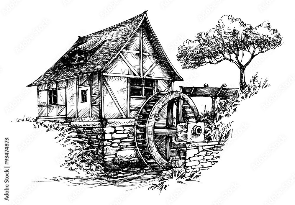 Old water mill sketch - obrazy, fototapety, plakaty 