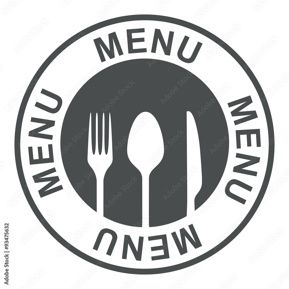 Icono plano texto MENU gris circular con cubiertos Icono plano texto MENU gris circular con cubiertos