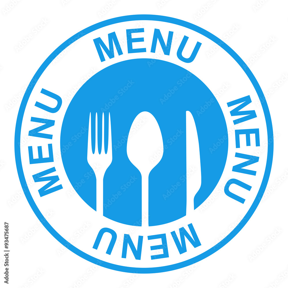 Icono plano texto MENU azul circular con cubiertos Icono plano texto MENU azul circular con cubiertos