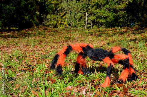 Decorative orange and black Halloween spider in outdoor setting