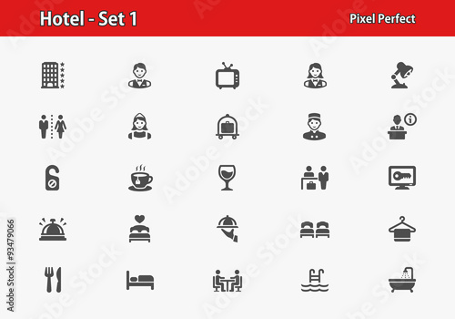 Hotel Icons. Professional, pixel perfect icons optimized for both large and small resolutions. EPS 8 format.