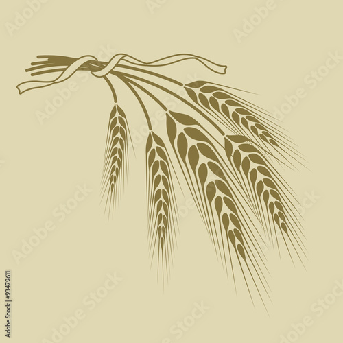 spikelets of wheat tied with a ribbon on a beige background