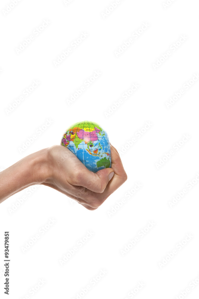 Globe in hand. Little planet earth being squeezed by a human hand. Globe in hand. Little planet earth being squeezed by a human hand.