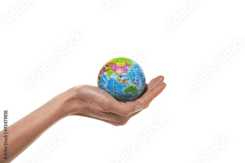 Globe in hand. 
