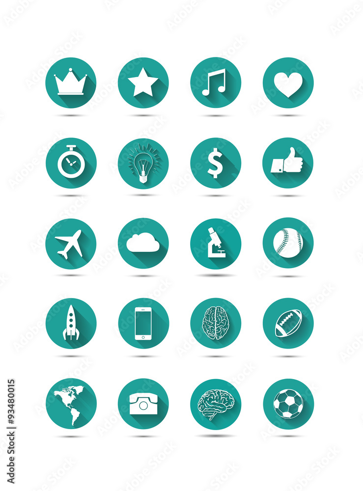 Set of 20 different vector flat icons with long shadow on green Set of 20 different vector flat icons with long shadow on green