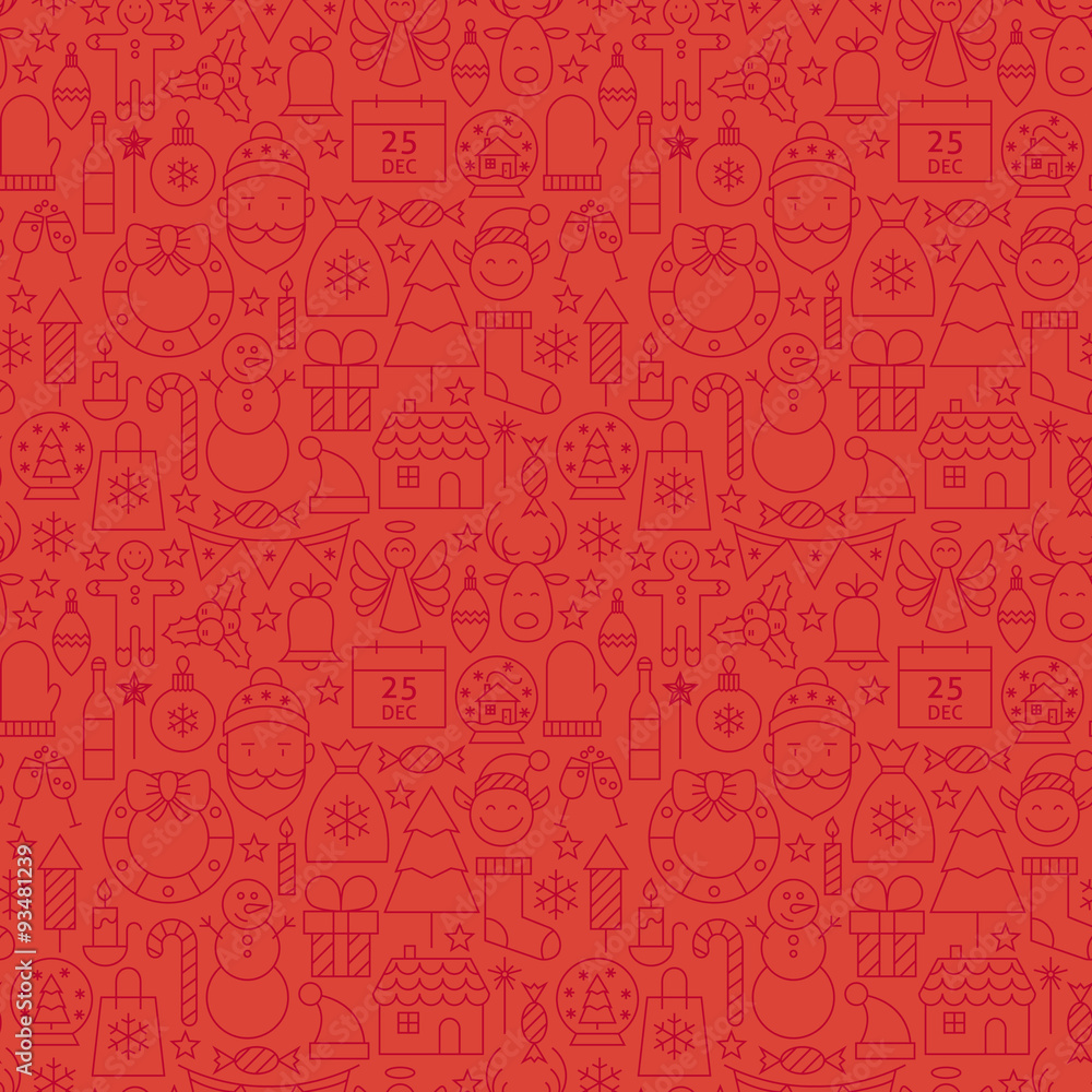 Fototapeta premium Thin Line Holiday Christmas Red Seamless Pattern