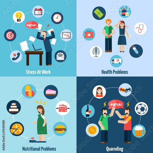 Stress depression 4 flat icons square 