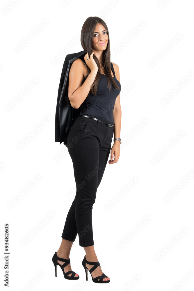 Business woman holding jacket over the shoulder isolated Business woman holding jacket over the shoulder isolated