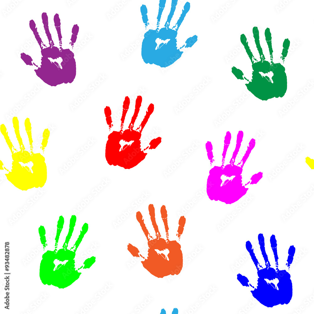 Fototapeta premium colorful hand prints on white background vector seamless pattern