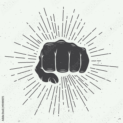 Fist with sunbursts in vintage style.