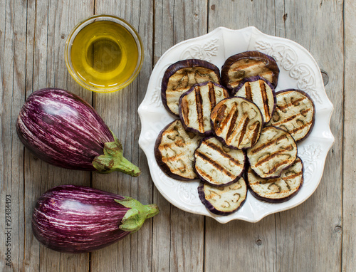 Grilled eggplants seasoned with olive oil