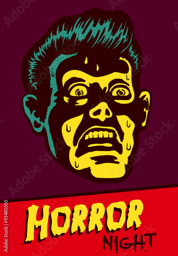 Halloween party or movie night event flyer vector design with terrified vintage man face