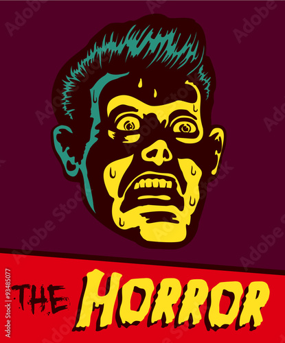 Vintage comic book illustration terrified man with terror stricken face expression