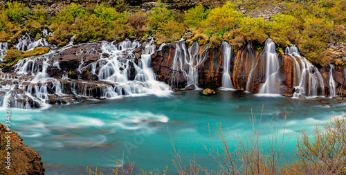 Panorama of the Hraunfossar falls in Iceland