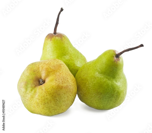 Juicy green pears on white background
