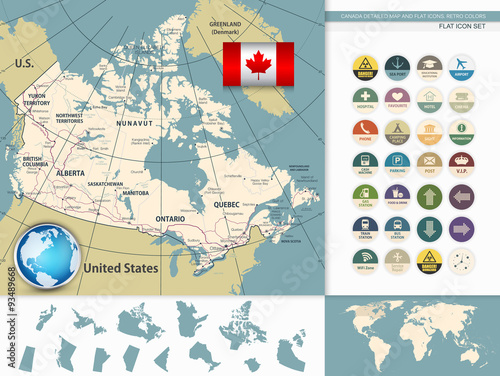 Canada Detailed Map and Flat Icons. Retro colors