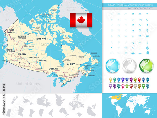 Canada Detailed Map With It's States And Icons