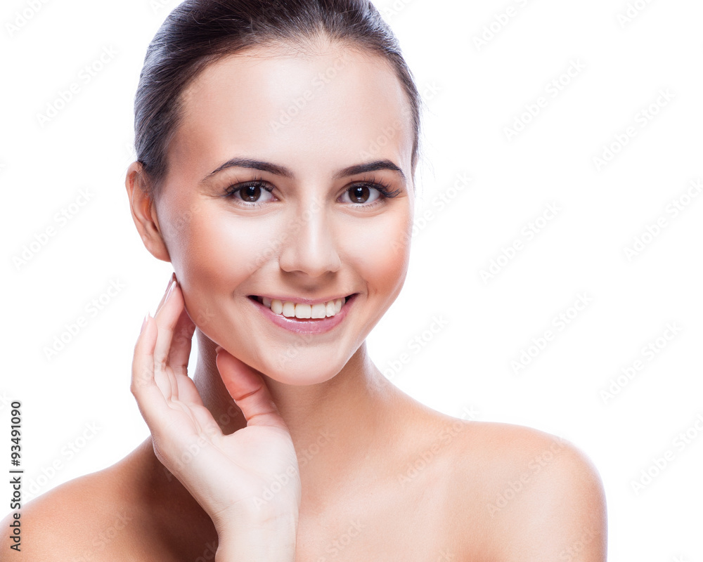 Pretty face of beautiful smiling woman - posing at studio isolated on white Pretty face of beautiful smiling woman - posing at studio isolated on white