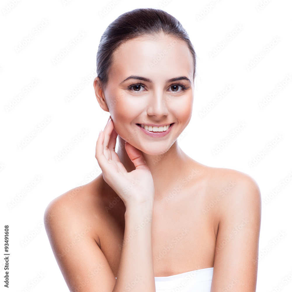 Pretty face of beautiful smiling woman - posing at studio isolated on white Pretty face of beautiful smiling woman - posing at studio isolated on white