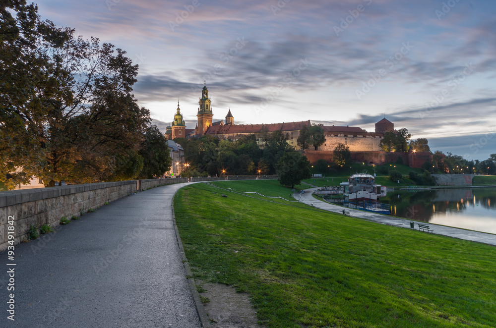Fototapeta premium Wawel Castle and Wawel cathedral seen from the Vistula boulevards in the morning