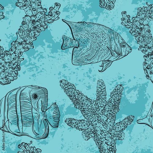 Seamless pattern with tropical fish, marine plants and corals. Vintage hand drawn vector illustration marine life. Design for summer beach, decorations,print,pattern fill, web surface background