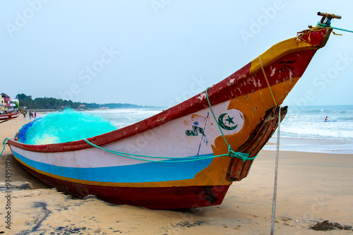 Fishing boats beached along the coast  in Mamallapuram, India