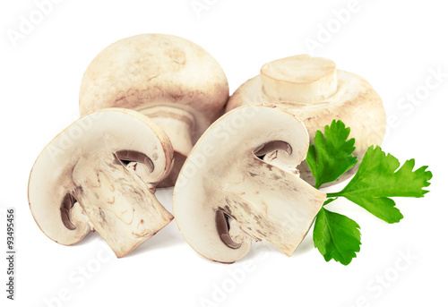 Champignon mushroom with parsley isolated on white