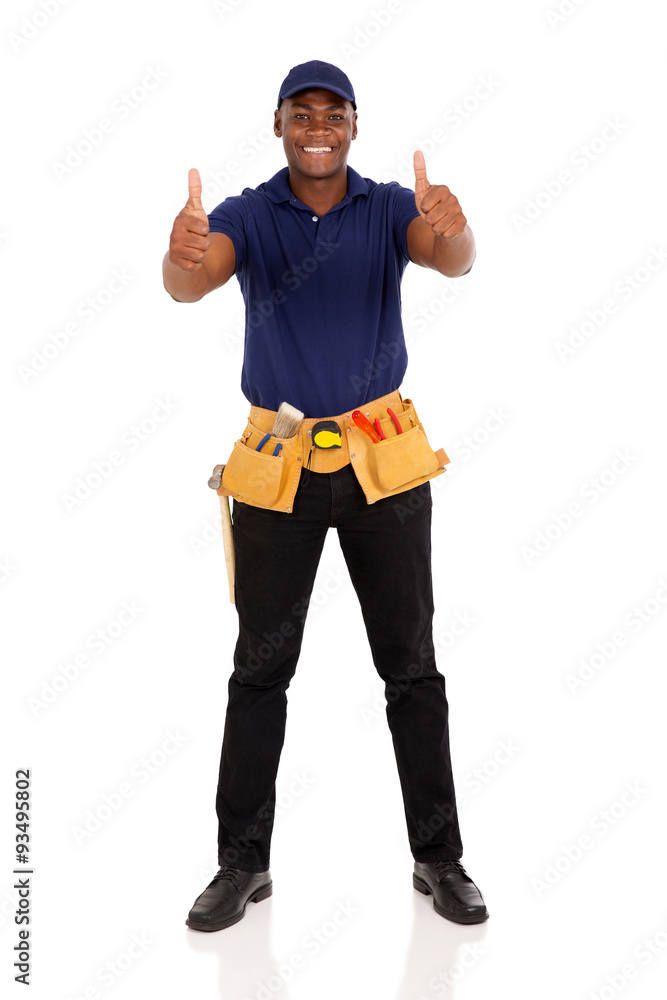 young afro american handyman giving thumbs up young afro american handyman giving thumbs up