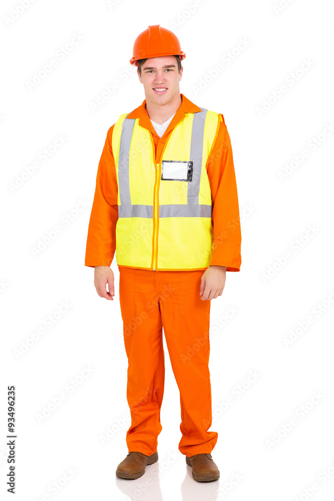 young blue collar worker standing on white