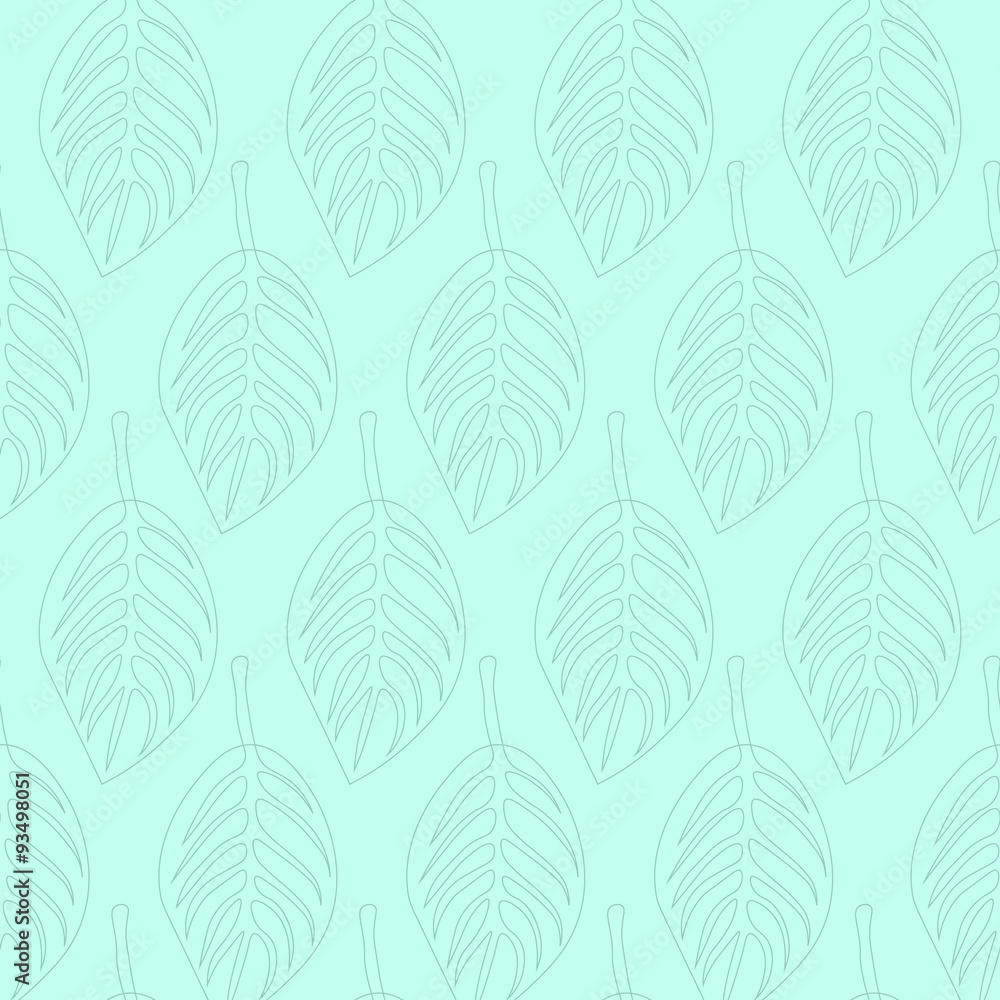 Seamless pattern with gray leaves on turquoise background, vector