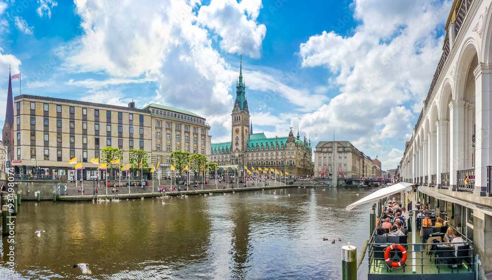 Hamburg city center with town hall and Alster river, Germany