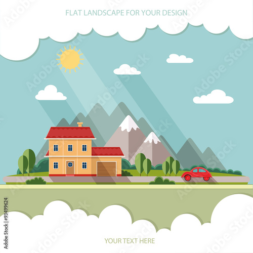 Summer landscape. Red car  Vacation home on a background of moun