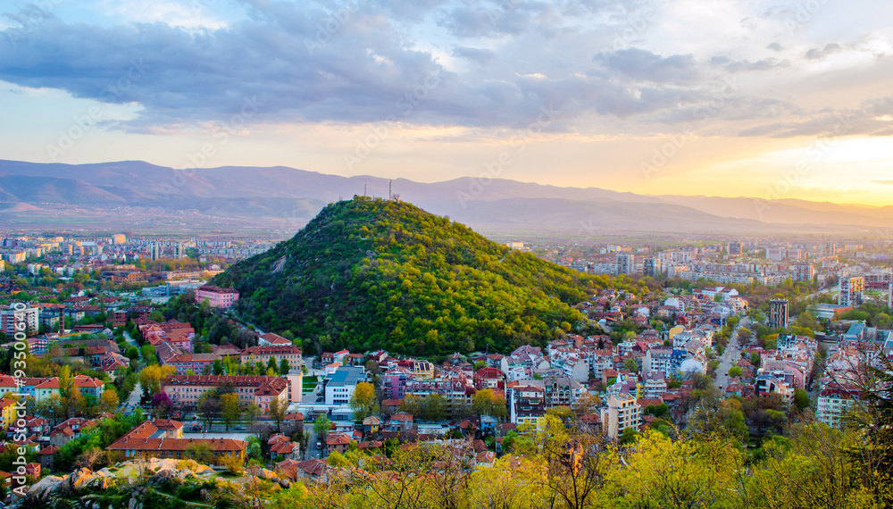 sunset over bulgarian city plovdiv - obrazy, fototapety, plakaty 