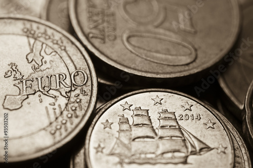 Euro coins, black and white, close up, selective focus
