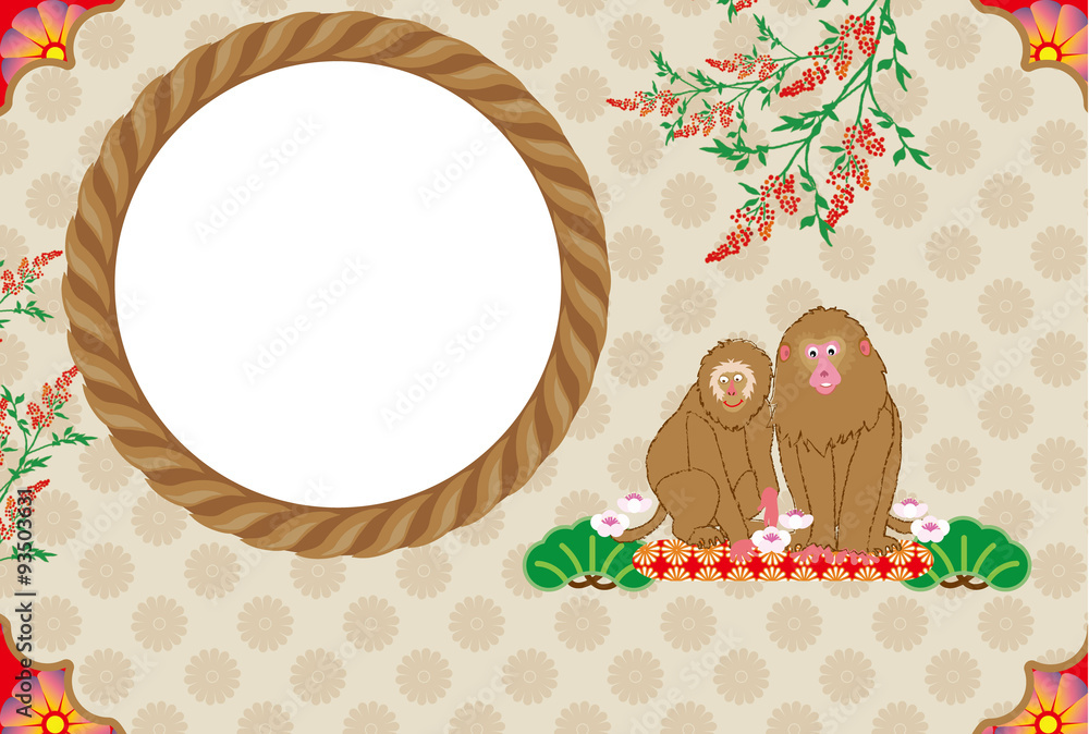お洒落な二匹の猿のイラストフォトフレーム年賀状 Stock Illustration Adobe Stock
