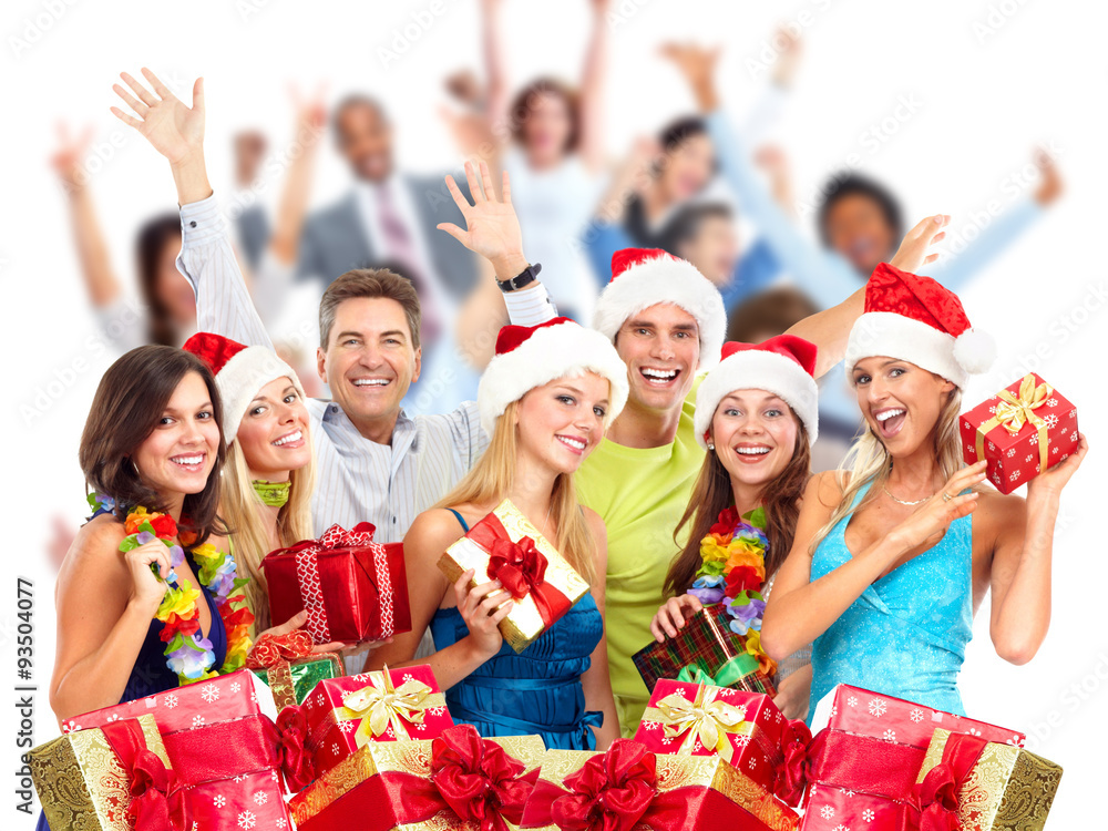 Christmas people crowd with gifts. Christmas people crowd with gifts.