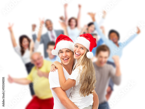 Christmas people crowd with gifts.
