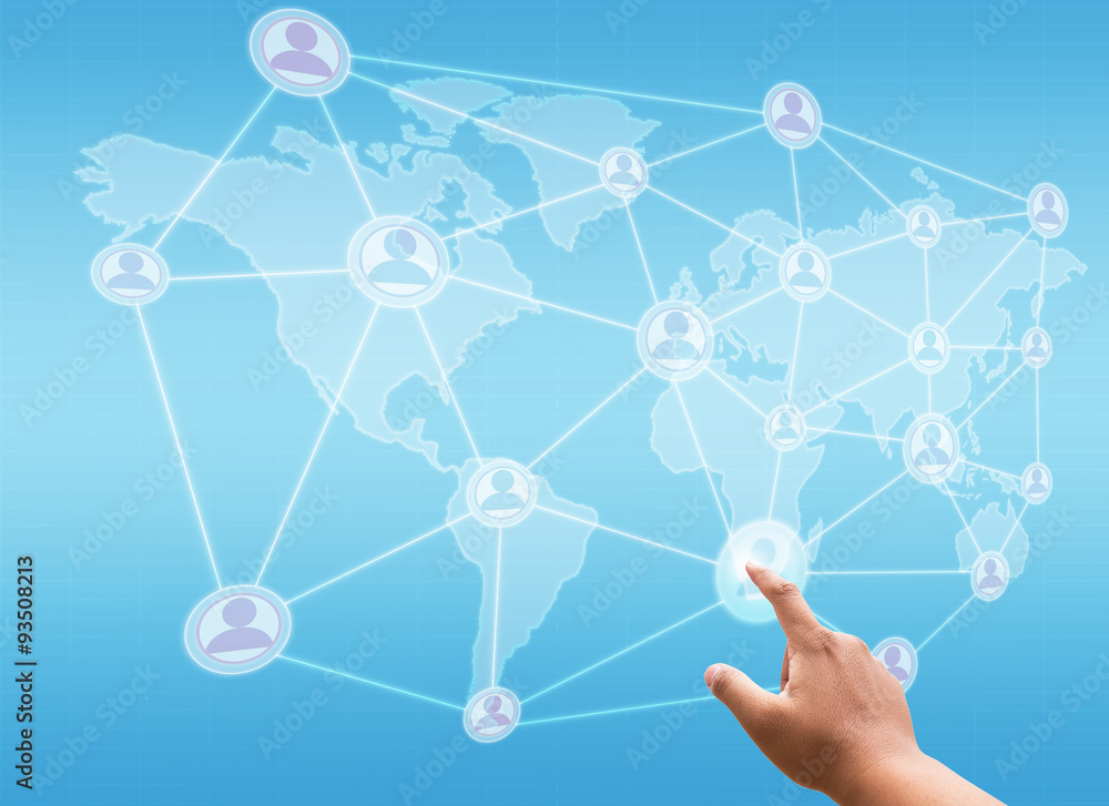hand pushing a button on a touch screen interface with social network hand pushing a button on a touch screen interface with social network