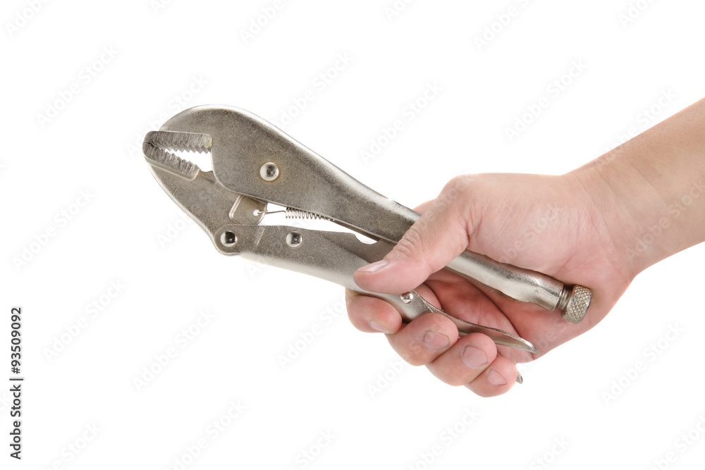 hands holding locking pliers isolated on a white background hands holding locking pliers isolated on a white background