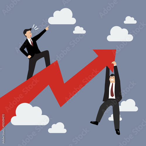Businessman standing on a growing graph with businessman hold on