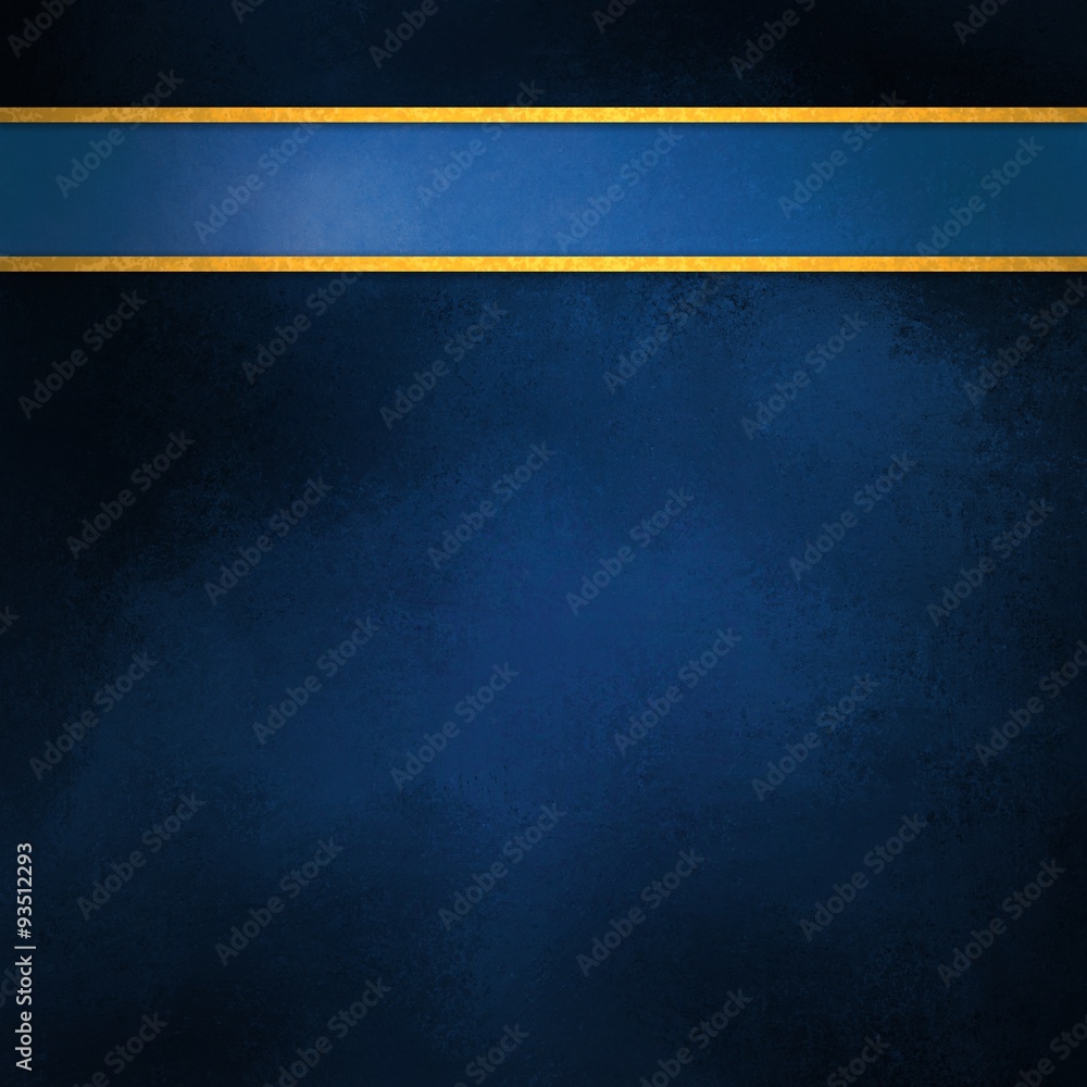 blue background with light blue ribbon header and gold trim with