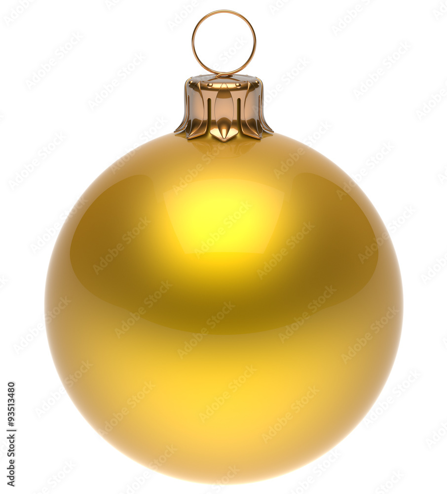 Christmas ball yellow New Year's Eve bauble wintertime decoration glossy sphere hanging adornment classic. Traditional winter ornament happy holidays Merry Xmas symbol blank round 3d render Christmas ball yellow New Year's Eve bauble wintertime decoration glossy sphere hanging adornment classic. Traditional winter ornament happy holidays Merry Xmas symbol blank round 3d render