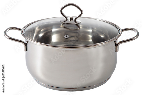 Shiny stainless steel soup pot, covered a lid transparent glass.